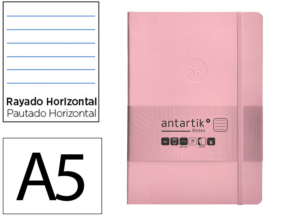 CUADERNO CON GOMILLA ANTARTIK NOTES TAPA BLANDA A5 HOJAS RAYAS ROSA PASTEL 80 HOJAS 80 GR FSC