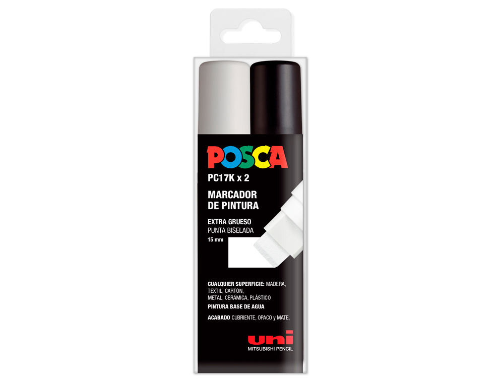 ROTULADOR UNI POSCA PC-17K/2C MARCADOR DE PINTURA PUNTA BISELADA 15 MM ESTUCHE DE 2 UNIDADES BLANCO/NEGRO