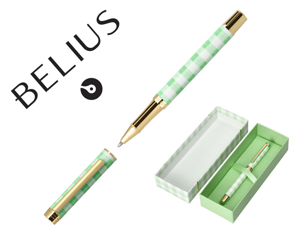 BOLIGRAFO BELIUS PICNIC ALUMINIO COLOR VERDE DORADO TINTA COLOR AZUL CAJA DE DISEO