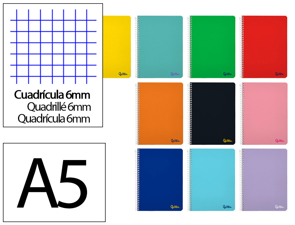 CUADERNO ESPIRAL LIDERPAPEL A5 SMART TAPA BLANDA 80H 75GR CUADRO 6MM CON MARGEN COLORES SURTIDOS