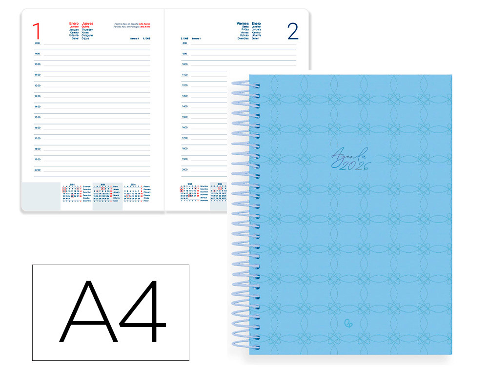 AGENDA ESPIRAL LIDERPAPEL PERISSA A4 2026 DIA PAGINA AZUL PAPEL 80 GR FSC