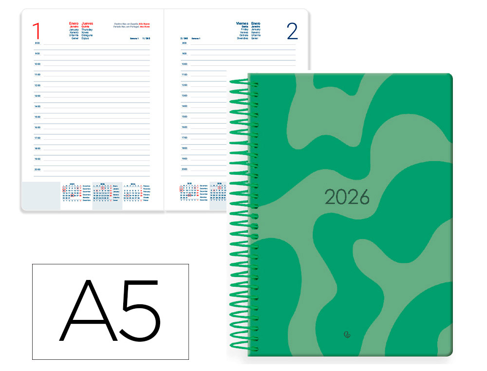 AGENDA ESPIRAL LIDERPAPEL SYROS 150X210 MM 2026 DIA PAGINA VERDE PAPEL 60GR FSC